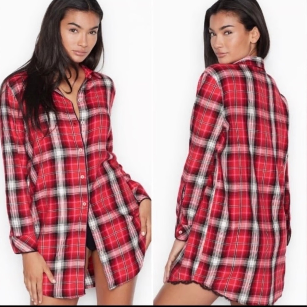 Victoria's Secret Red Pink‎ Plaid Sleep Shirt Small